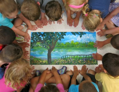 We made a acrylic painting of a park near their school (Olde Isaac Walton Park in Leesburg, VA).
